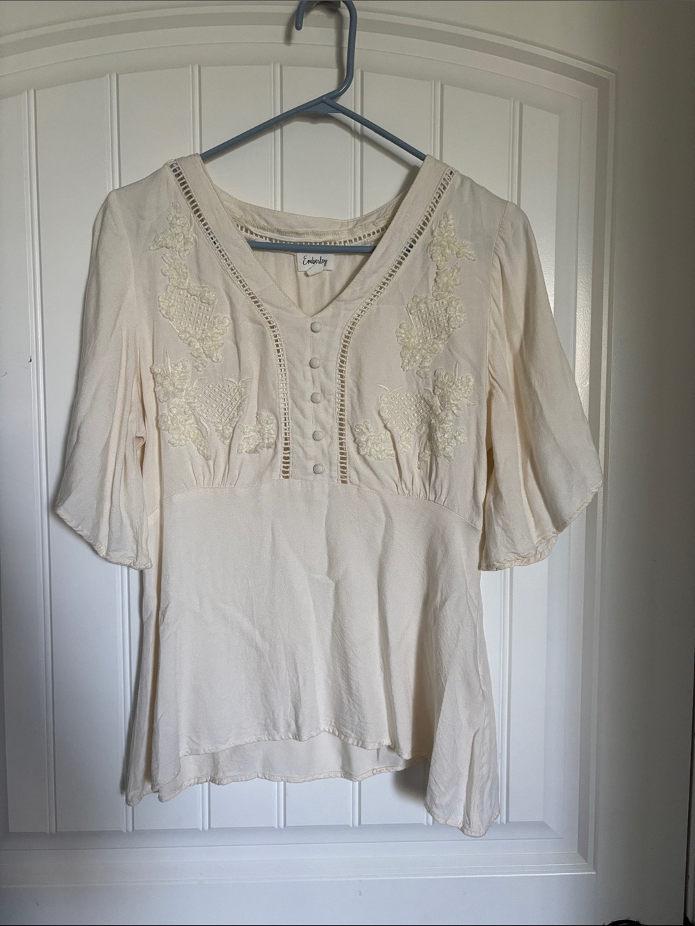 Casual Cream Embroidered V-Neck Blouse